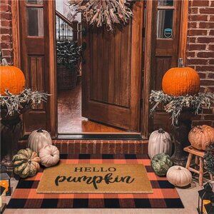 100% Coco Coir Welcome Mat 28x43 Inches Orange and Black Plaid Rug